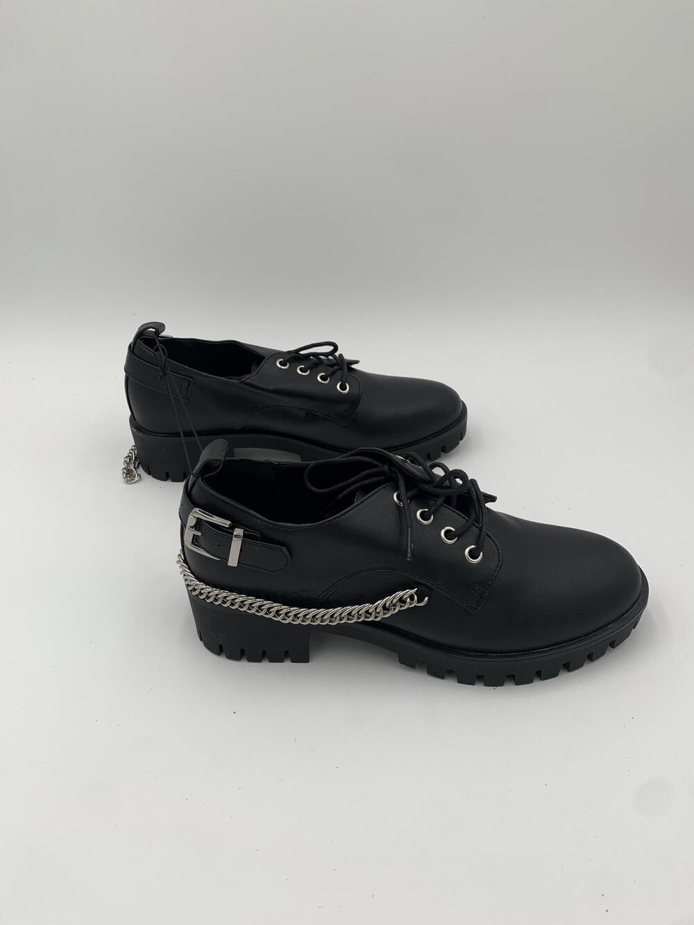 Chunky Oxford Shoes Womens Black Faux Leather Chain Lug Punk Flats Size 9